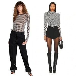 ENZA COSTA MESH TWIST TOP WOMENS SMALL BLACK WHITE CHECKER LONG SLEEVE CHIC